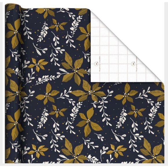 Hallmark Wrapping Paper Gold Poinsettias on Navy Blue 35 sq ft Roll Holiday Gift - Picture 2 of 6